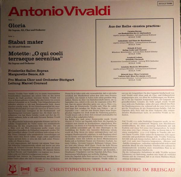 

Виниловая пластинка ANTONIO VIVALDI FRIEDERIKE SAILER Gloria Stabat Mater SCGLX73899 Christophorus Германия Классика Б/у