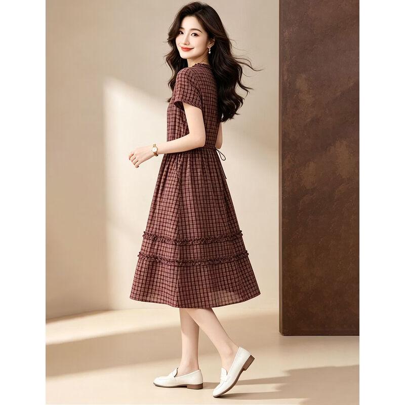 D.F.DEAR Women's Retro Plaid Ruffle A-Line Dress