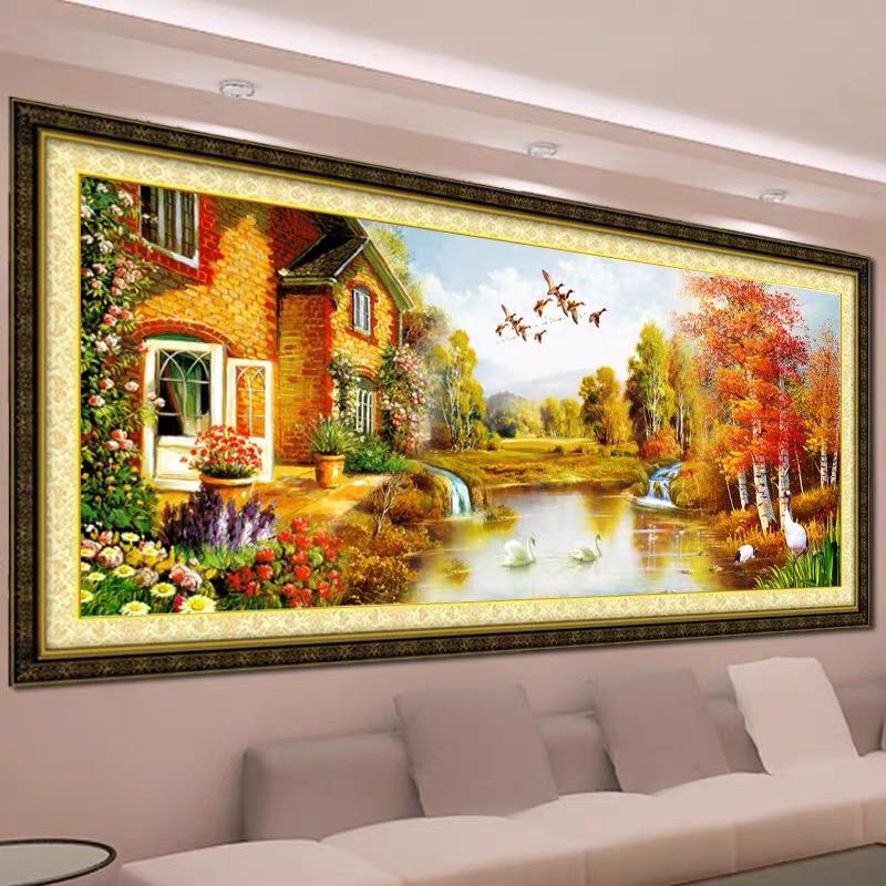5d Diamonds Are Painted Allover, Bringing In A Continuous Flow of Wealth. The New Style of Brick and Stone Cross-stitch Shows A Large Living Room View