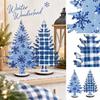 Blue Wooden Christmas Tree Tabletop Decor with Plaid Snowflake Design for Holiday Display
