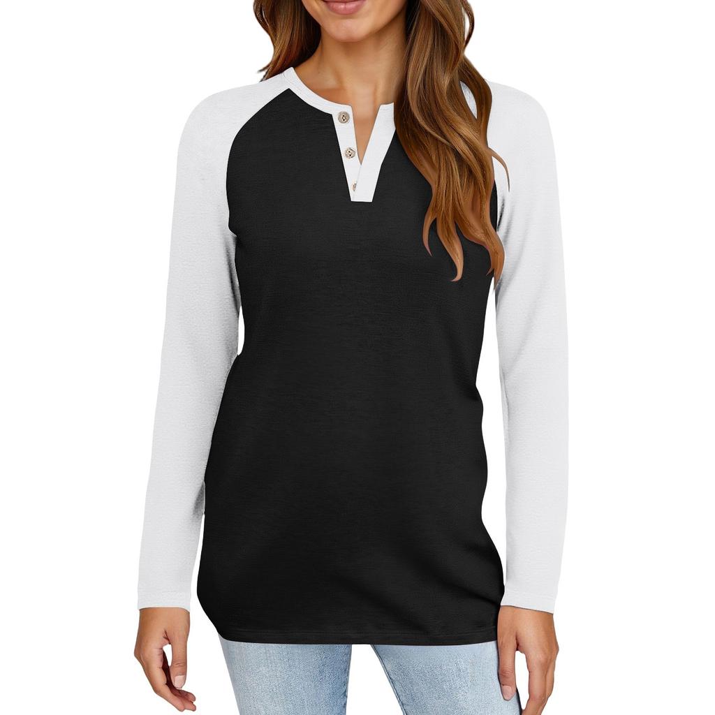 Women's T Shirt Color Block Button Long Sleeve Daily Weekend Fashion Basic V- Neck Regular Top