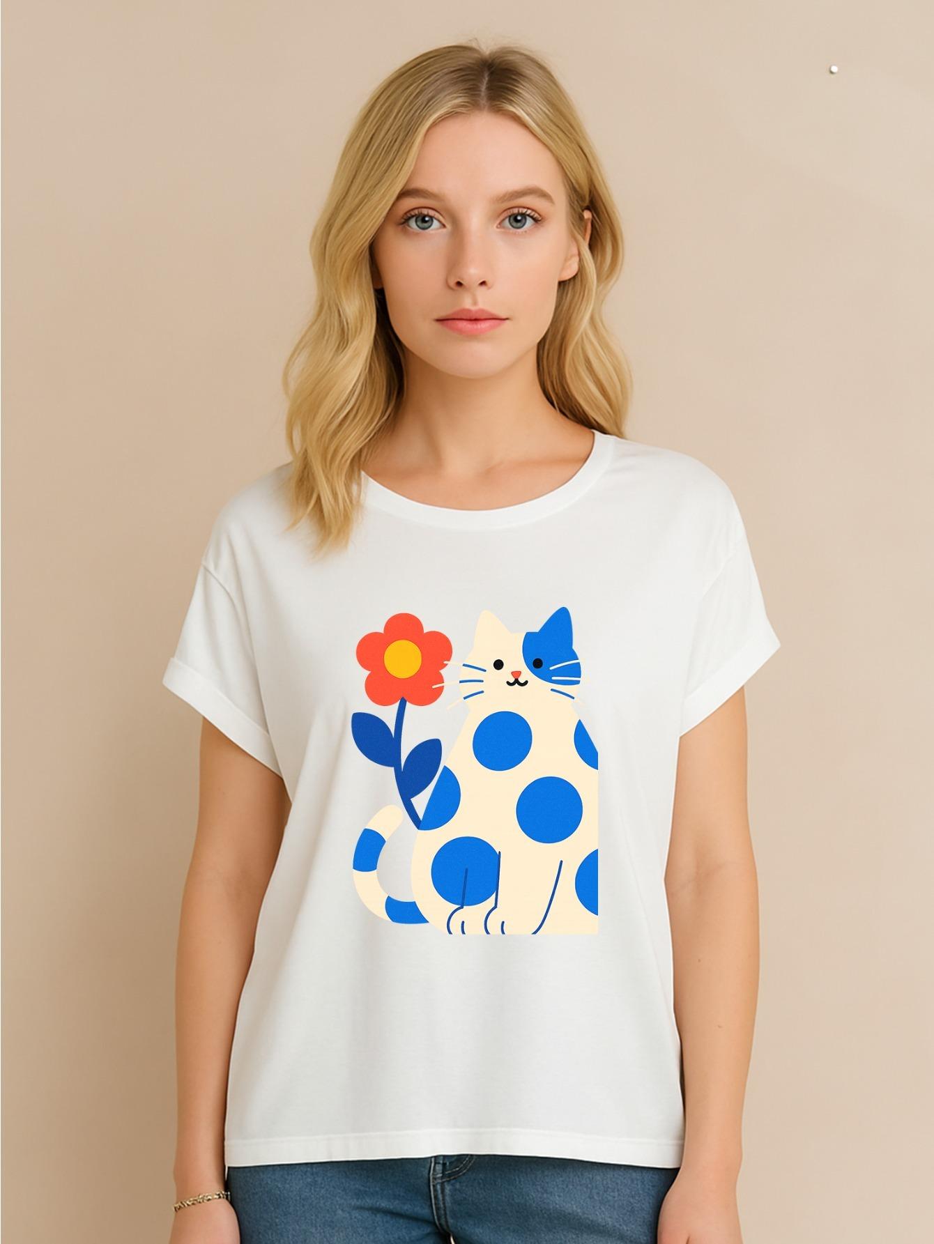 

Women s Cute & Animal Print T-Shirt - Short Sleeve Round Neck Blouse, Medium-Stretch Casual Top for Spring Summer Fall, S белый