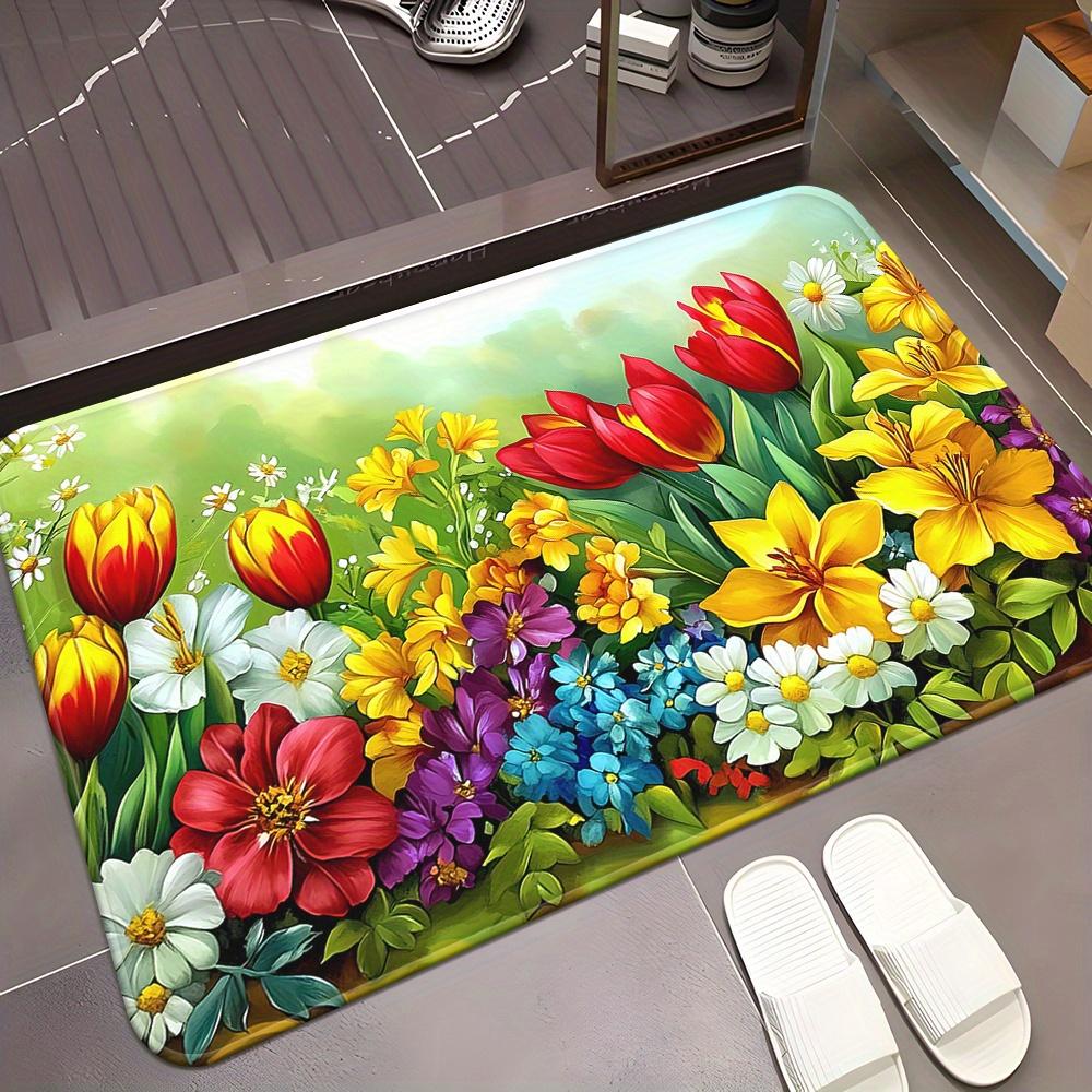 1pc 2D Flat Colorful Tulips Spring Garden Flowers Flannel Bath Mat Non Slip Nature Decor Rug For Bathroom Floor