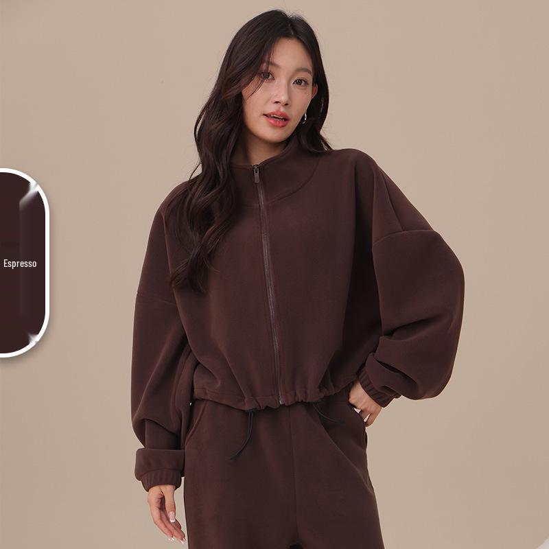 Women's Oreo Fleece Sports Jacket: Double-Sided, Velvet Thickened, Stand Collar, Loose Fit for Autumn/Winter Fitness & Casual Wear.