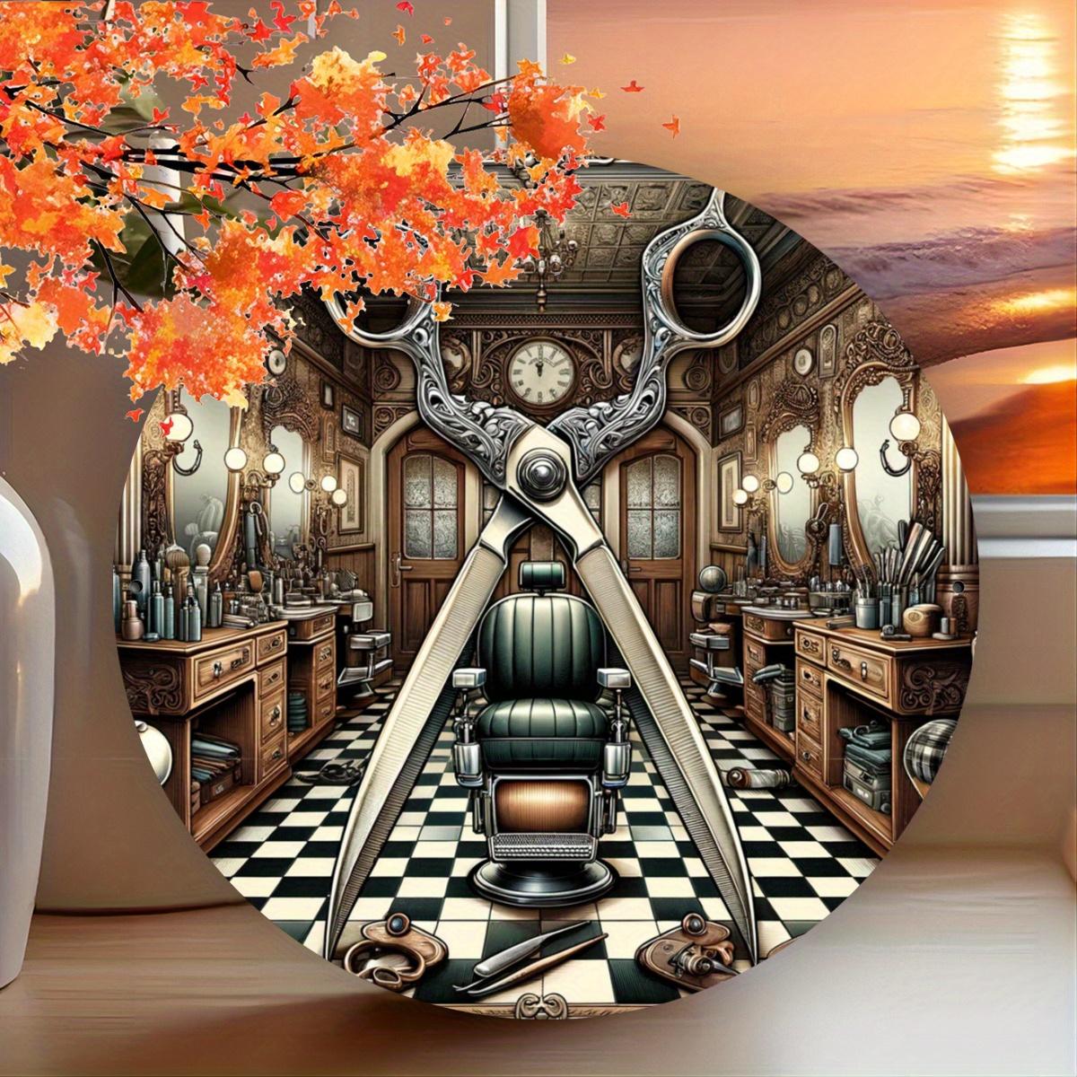 

D Flat pc Barber Shop Wall Decor HairdresserThemed Metal Sign with Scissors Comb Barber Pole Design x Inch Round Ir 20x20cm(8x8inch)