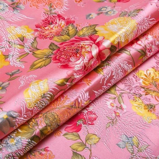 Flowers Satin Faux Silk Fabric Chinese Damask Brocade Clothes Craft DIY Vintage