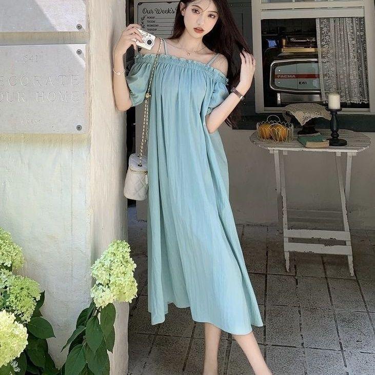 Damen Sommer Süß & Würziges One-Shoulder Kleid - Strandurlaub, Sanfter Stil, Locker, Schlankmachender Mid-Length Rock