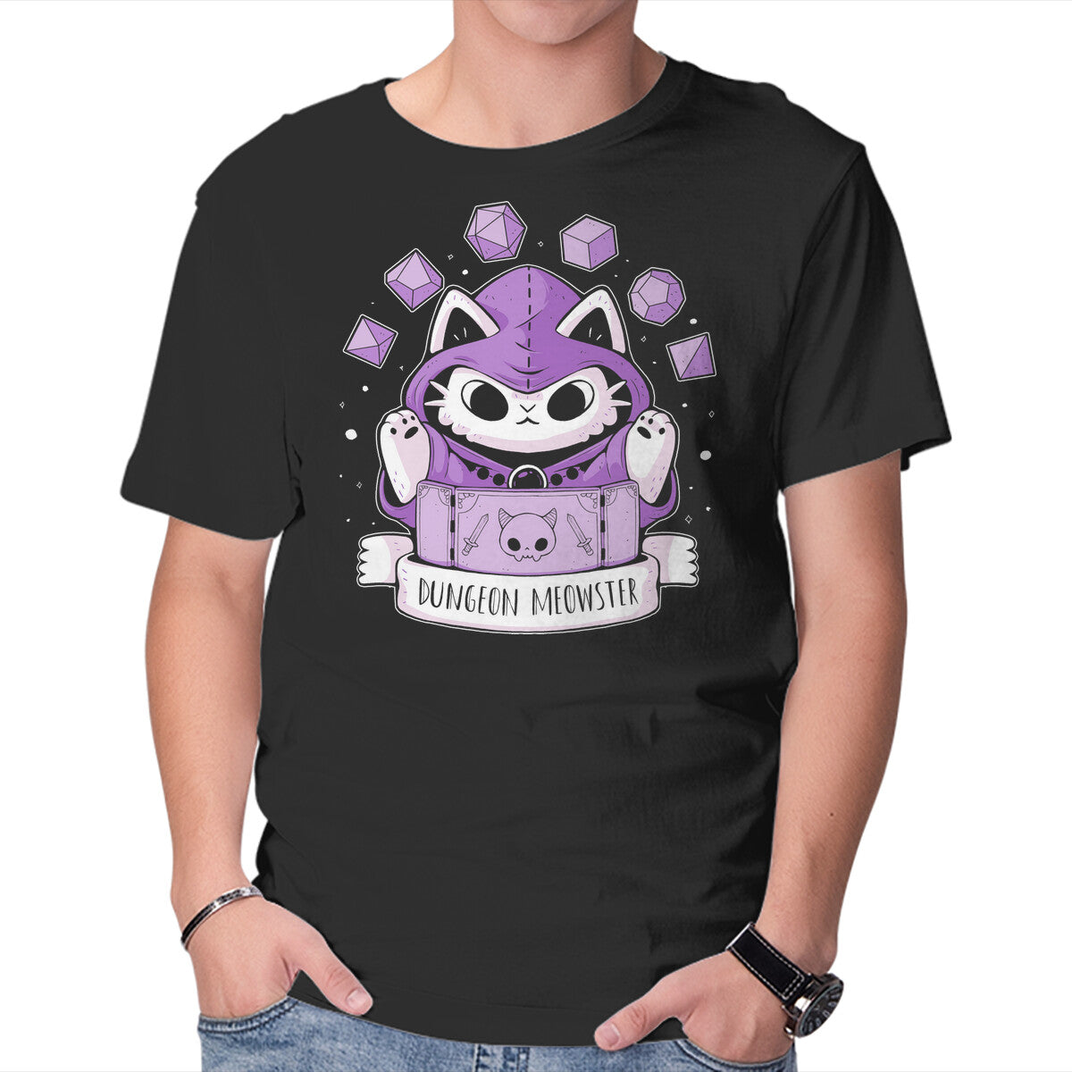 Unisex Crew Neck T-Shirt The Dungeon Meowster Graphic Short Sleeve Casual Tee XS
