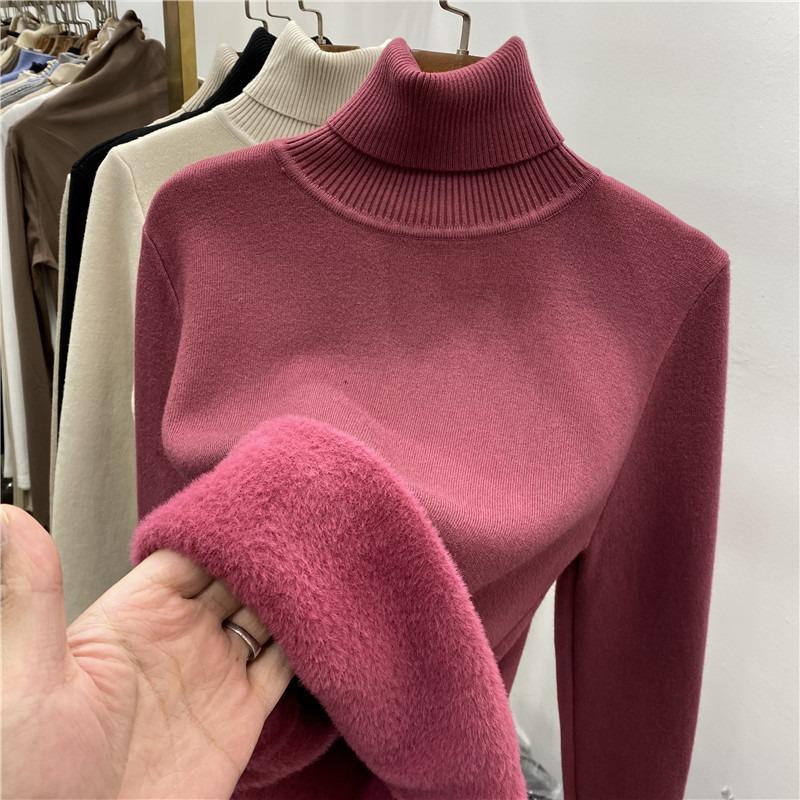 Toamnă Iarnă Gros Cald Catifea Guler Înalt Pulover de Damă Mânecă Lungă Solid Pluș Pulovere Femei Croială Slim Casual Tricotaje Pulovere 25196