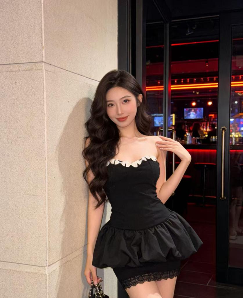 Women's Spicy Style Lace Color Block One-Shoulder Strapless Dress - Summer Sexy Puff Flower Bud Short Skirt