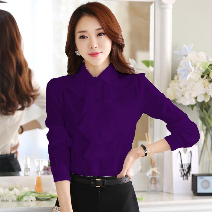 Damen Chiffonbluse im koreanischen Stil mit Peter-Pan-Kragen und Rüschen-Langarm für Frühling und Herbst.