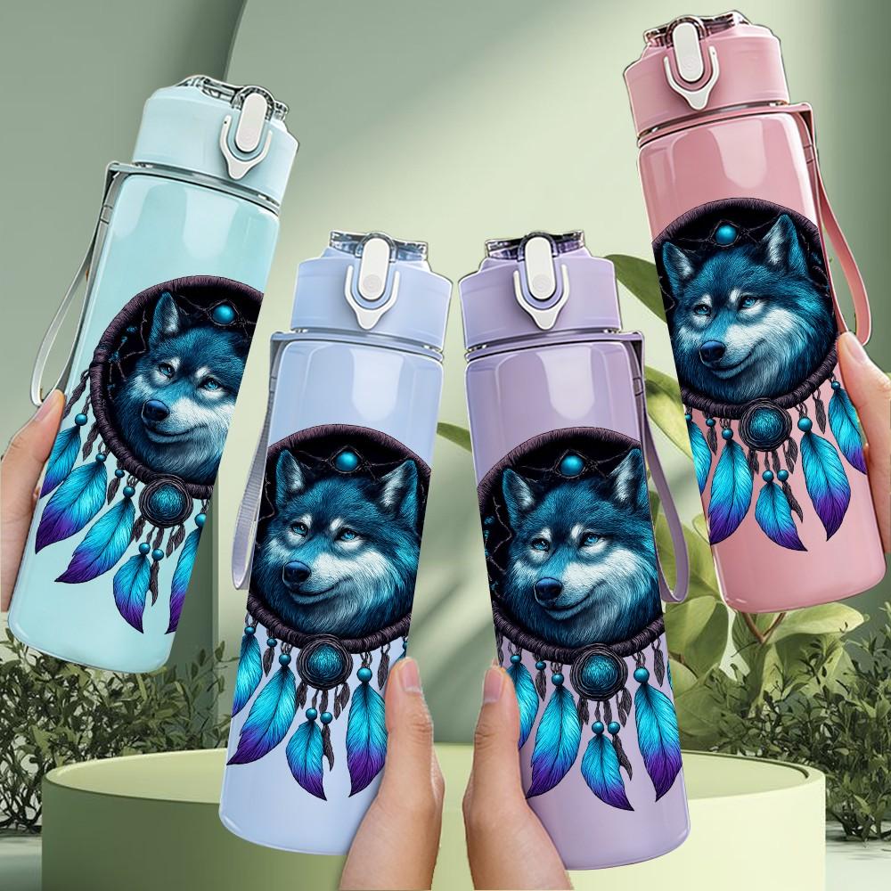 1PC Wolf Feather Dreamcatcher Art 750ml Color Plastic Sports Water Bottle Leakproof Flip Straw Lid Suitable for Sports Office Home Use