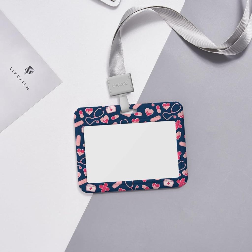 Nurse Pattern Cute Horizontal ID Badge Holder with Lanyard for Women Girly Girls Clip Name Tag Card Personalized Case Hard Plastic Protector Cover