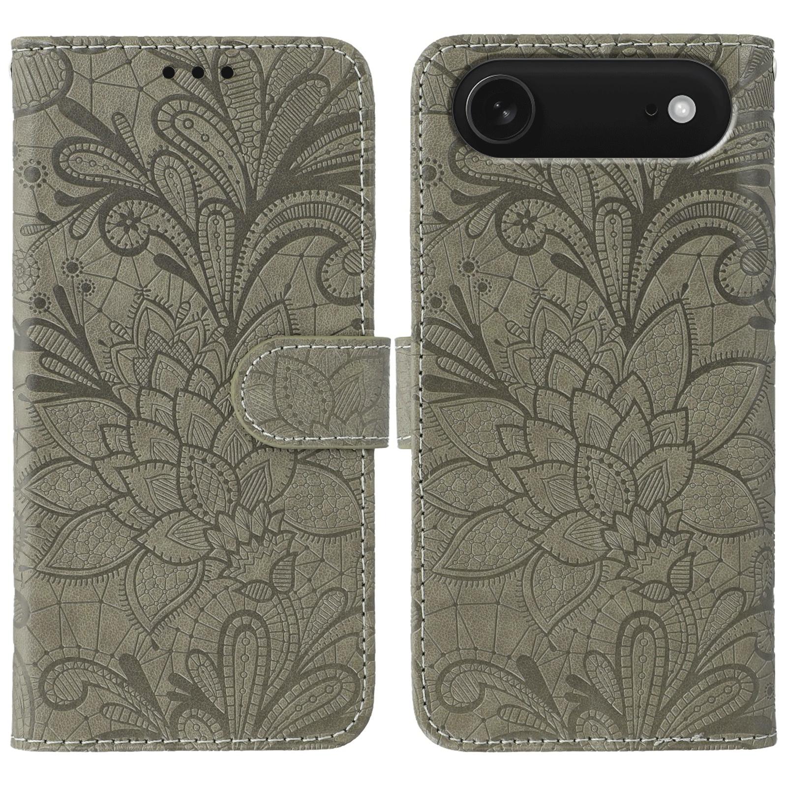 

For iPhone 17 Air Case Lace Flowers PU Leather Flip Wallet Phone Cover Grey
