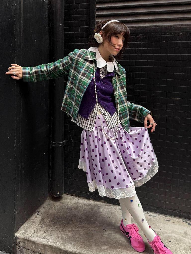 French Polka Dot Lace Patchwork Irregular Purple Midi Satin Skirt for Early Autumn