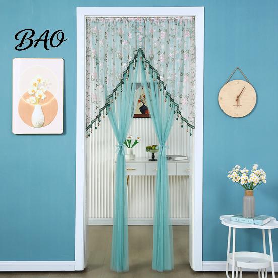 Polyester Sheer Window Dressing Lace Door Curtain, Embroidered Floral Doorway Curtain with Beads, Easy Install Renters Rod Pocket Room Divider