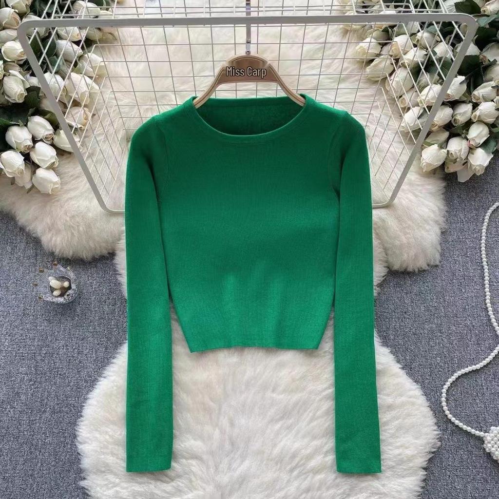 Women's Minimalist Solid Color Knit Sweater – Round Neck, Long Sleeve, Slim Fit, Light Luxury Trendy Autumn/Winter Top