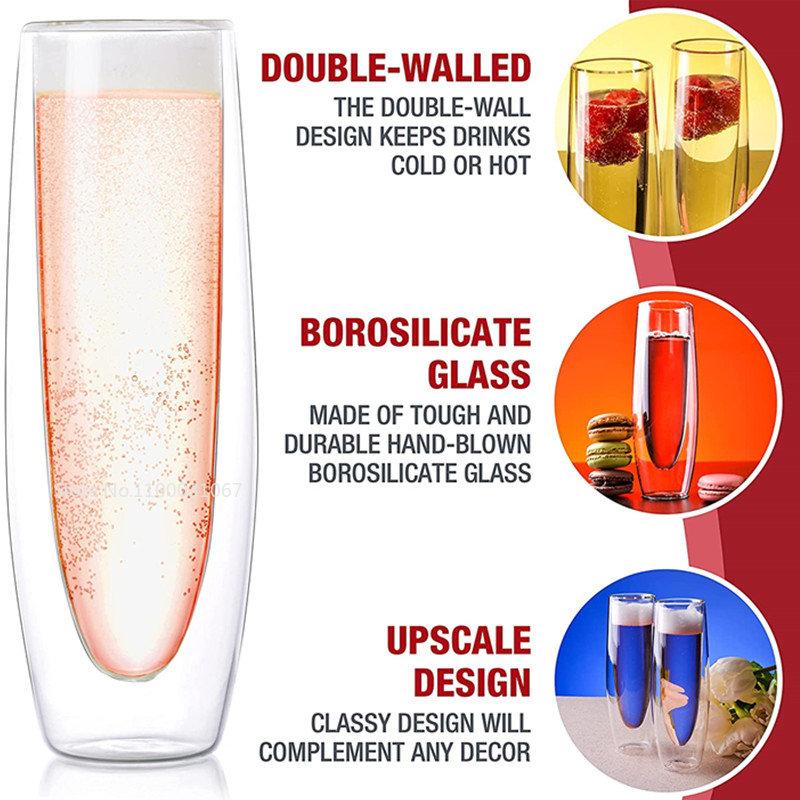 6Pcs Champagne Glasses Set Double Wall Heat Resist Glass Cup Stemless Sparkling Wine Glasses Transparent  Flute for Wedding