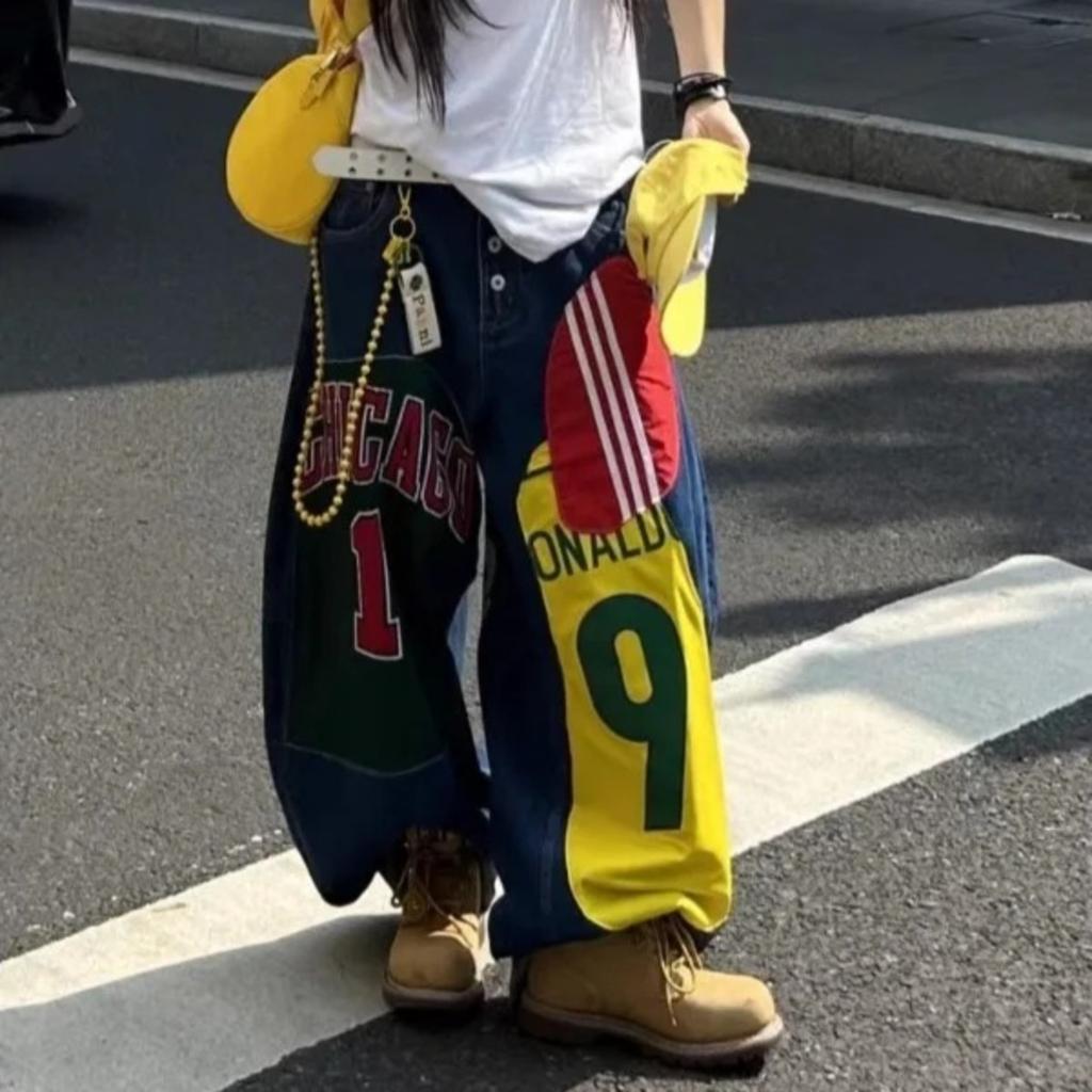 BeatStreet Wide Leg Loose Floor Length Pants Plus Size American Retro Spicy Girl Design Printed Denim Women's High Waist Pants