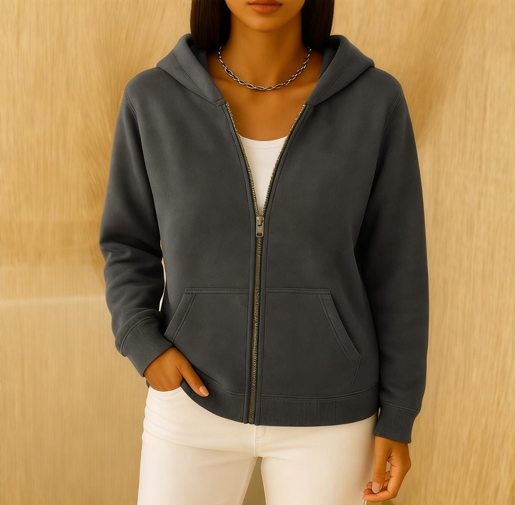 

Женская модная однотонная толстовка с капюшоном, длинными рукавами, карманом на молнии, повседневная XL