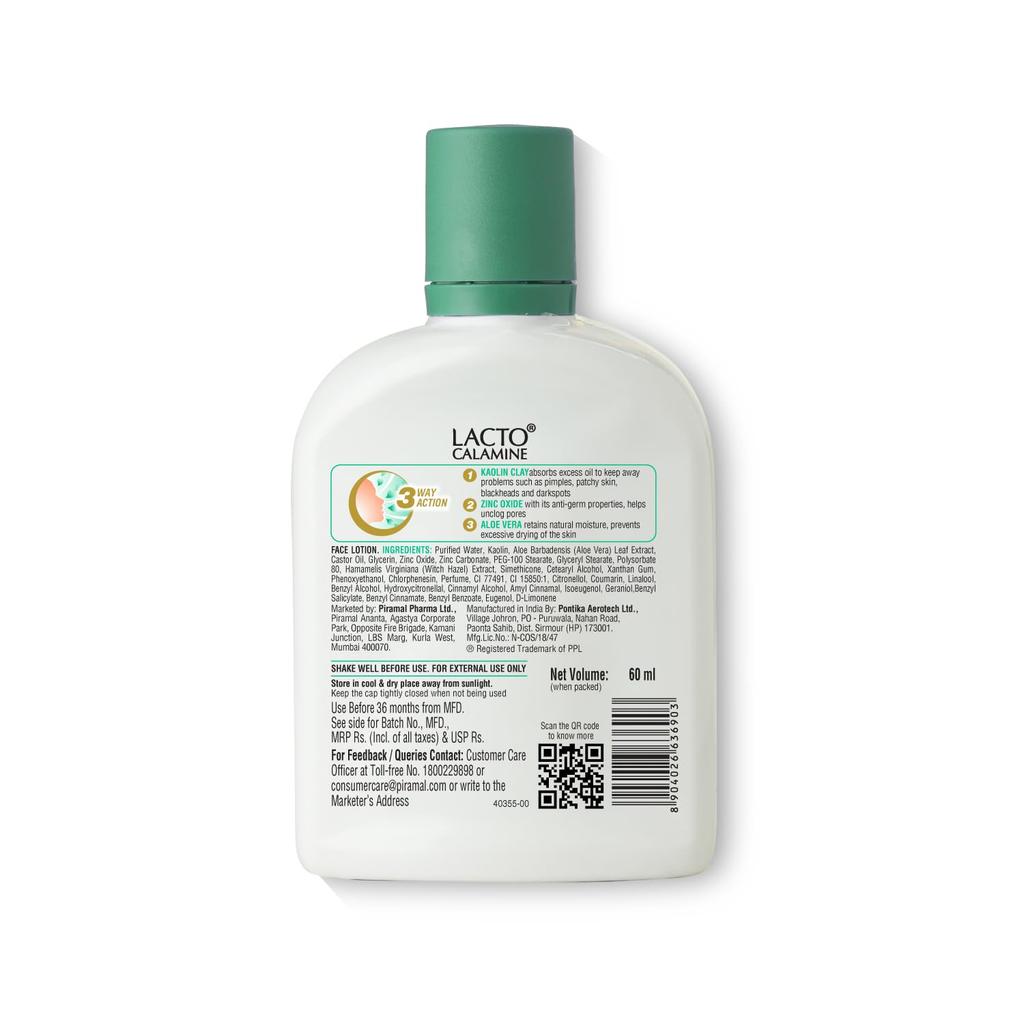 Lacto Calamine Lotion do twarzy Glinka kaolinowa i Aloes 60ml Codzienny krem nawilżający do cery mieszanej i normalnej Kontrola sebum i promienny blask