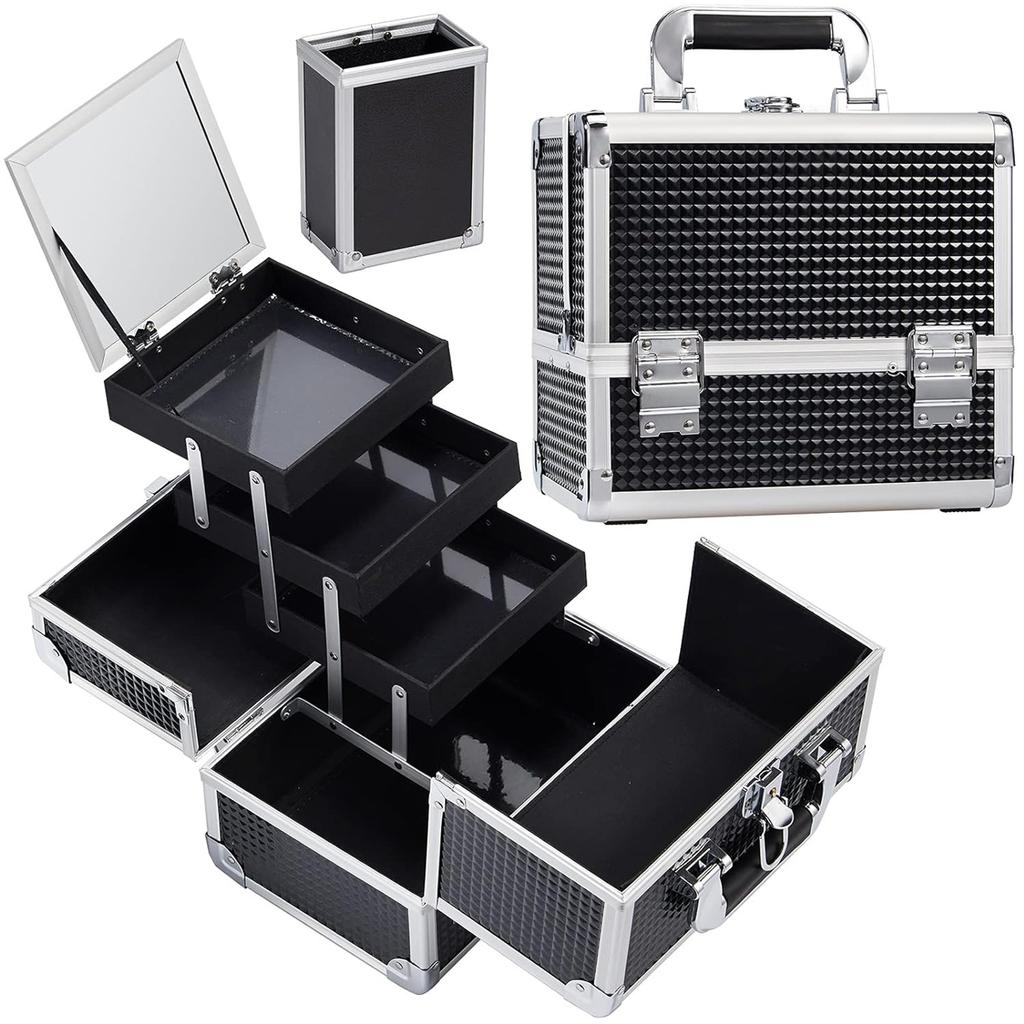 Diamond Pattern Three-layer Foldable Multifunctional Makeup Box with Mirror,Large Travel Cosmetics Case