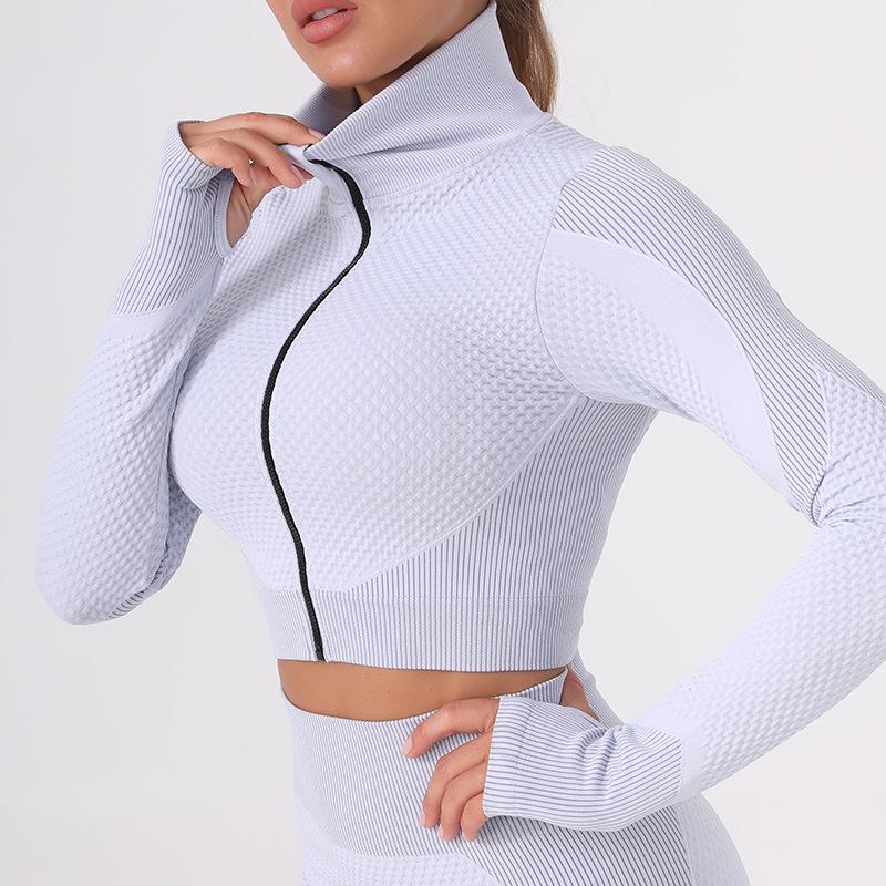 Seamless Ribbed Yoga Jacket & High-Waist Hip-Lift Sport Suit for Women - Quick-Dry Knit for In/Outdoor Wear.