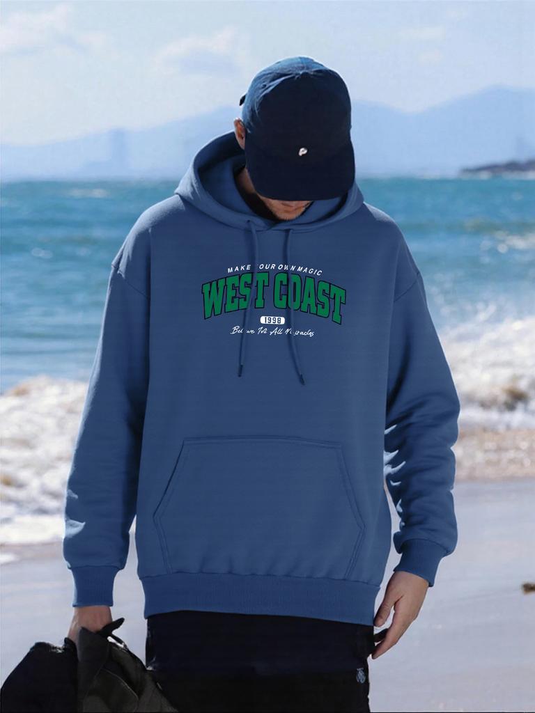 Westküsten Kunst Buchstabenmuster Herren Hoodie Bequem Herbst Streetwear Mehrfarbig Fleece Pullover Übergroße Tasche Kapuzenpullover