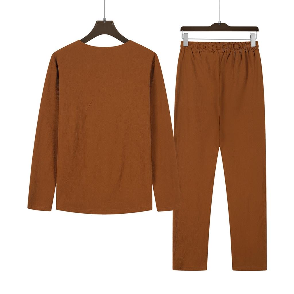 Men's Summer Cotton Linen Color Loose V-Neck Long-Sleeved Top Trousers Suit