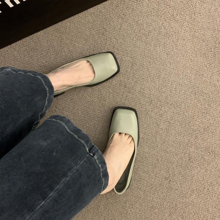 Flat-bottomed French Shallow Mouth Square Head Small Leather Shoes Women's Shoes 2025 New Spring and Autumn Black Versatile Commuter Shoes