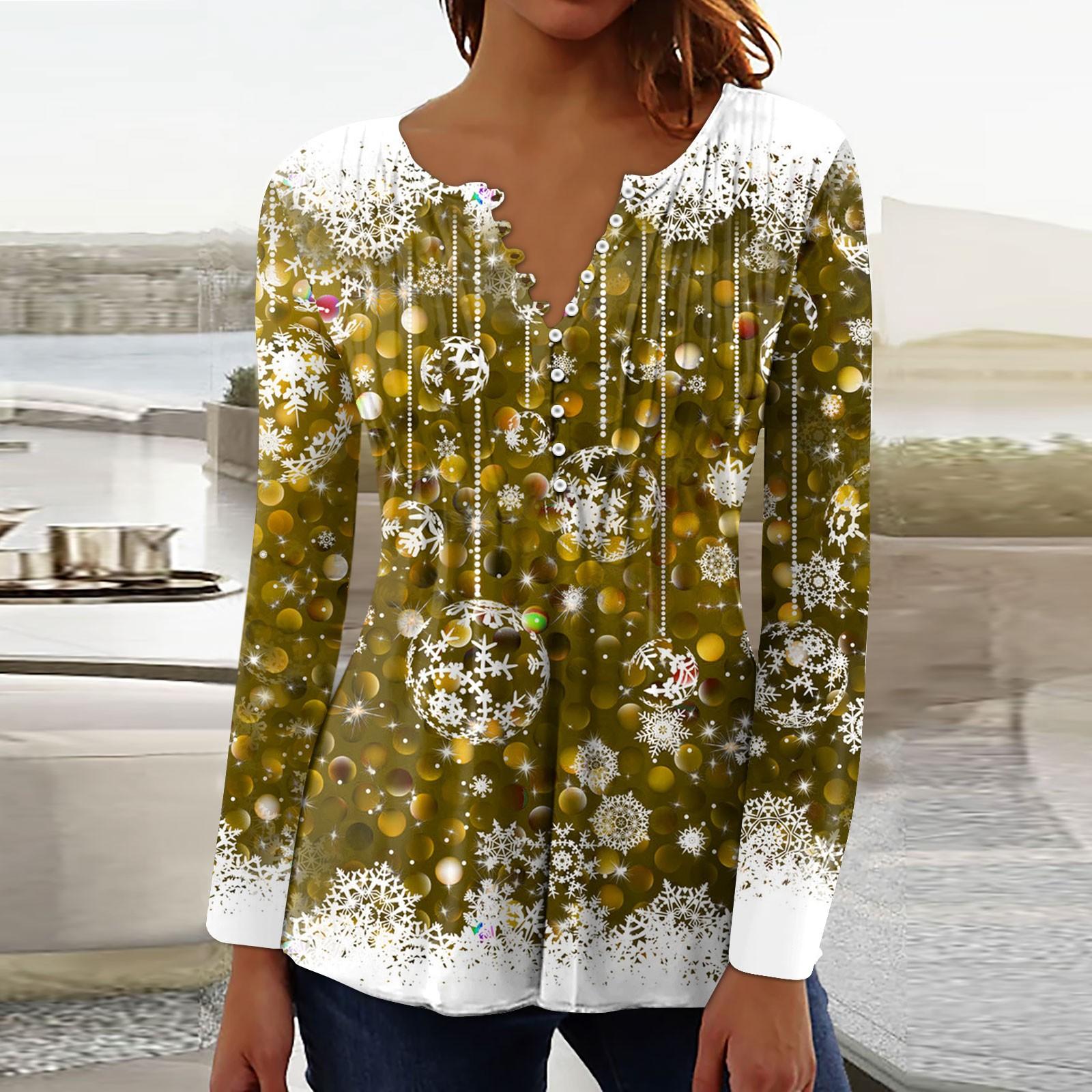 

Женские воротники на пуговицах с принтом Длинные рукава с принтом Праздничная базовая туника Тонкие топы Рождественские этнические топы с принтом Футболки Пуловеры с V-образным вырезом S жёлтый