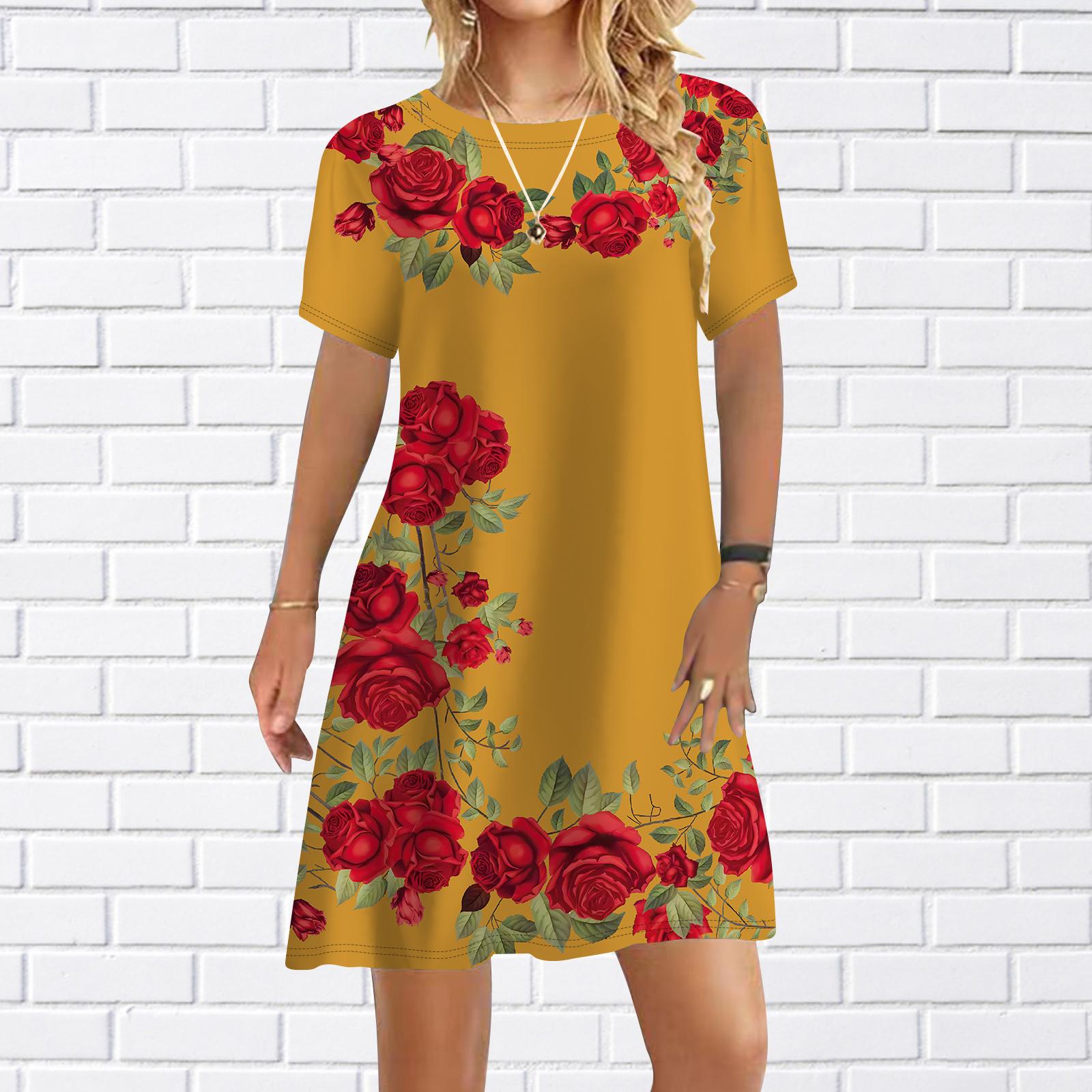 

Женское повседневное платье Летние платья с принтом оранжевых роз для женщин Платье с коротким рукавом и круглым вырезом размера плюс 7XL оранжевый