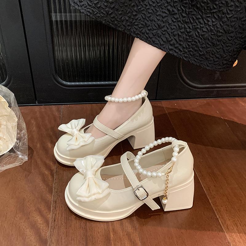 Fashion 2025 New High Heel Bow Mary Jane Shoes Women's Fashion Round Toe Shallow Mouth Belt Platform Non-Slip Autumn Single Shoes