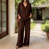Women Linen 2 Piece Sets Summer Long Sleeve V Neck Shirts Matching Wide Leg Pants Lounge Sets Casual Beach Vacation Outfits