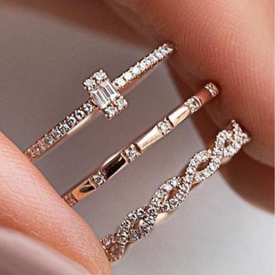 Trendy European & American Creative Diamond and Zircon Three-Piece Ring Set