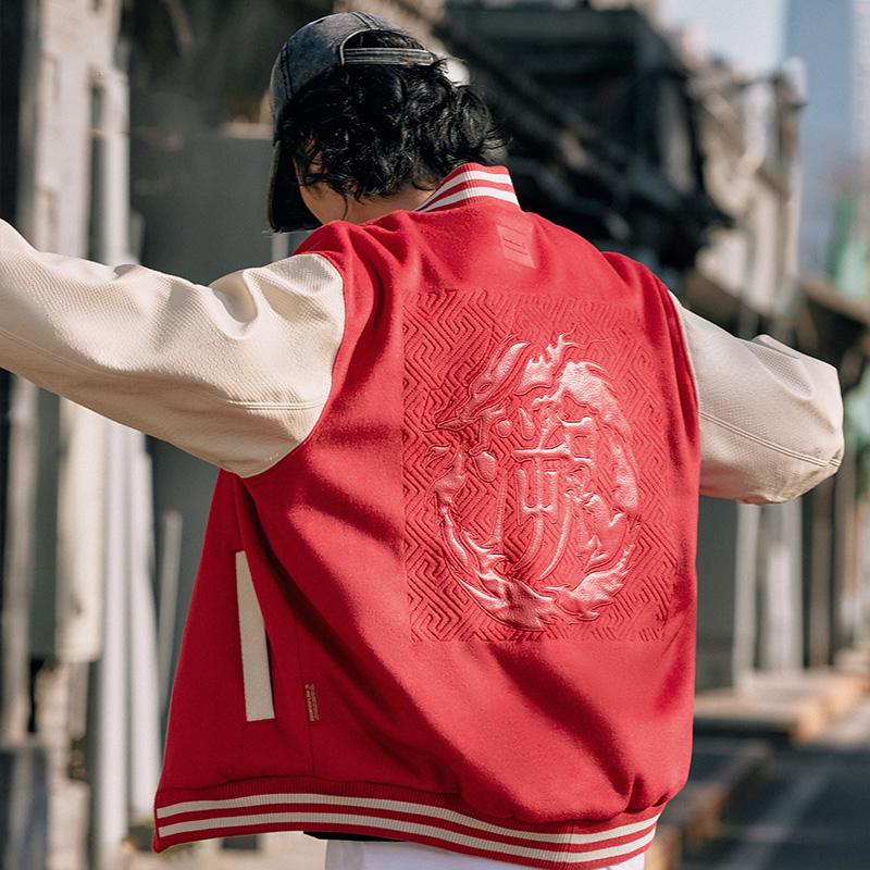 Li Ning CF Logo Letter Print Single-Breasted Loose Baseball Jacket Unisex Jackets Agate-Red AJDU253-2