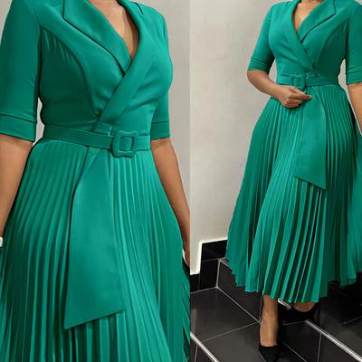 Dresses for Women Autumn Elegant Half Sleeve V-neck Polyester Pleat Dress Ankara Dresses