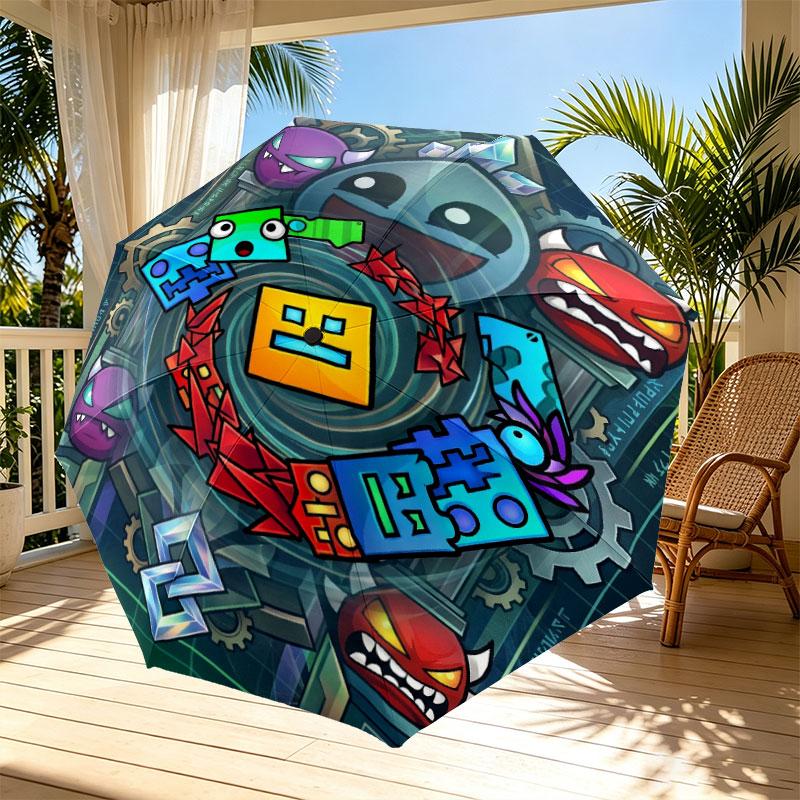 Geometry Dash Print Automatisk Åben Lukke Paraply, Bærbar Foldbar Paraply, til Udendørs Pendling Campingtur, Ideel Fødselsdagsgave
