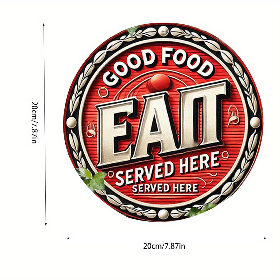 

2d Flat 20*20cm Vintage Round Wooden Logo good food Eat served here with laurel weach Design, High quality Wooden Wall Art Suitable for Home, Garage 20*20cm