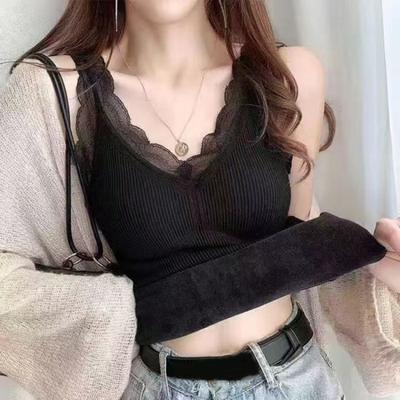 Women Thermal Vest Lace Trim Plush-lined V Neck Sleeveless Thread Solid Color Slim Fit Elastic with Chest Pads Layering Tank Top Lady Bottoming