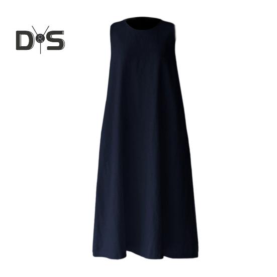 Women Summer Dress O Neck Loose A-line Sleeveless Solid Color Mid-calf Length Soft Breathable Casual Pockets Plus Size Lady Midi Dress