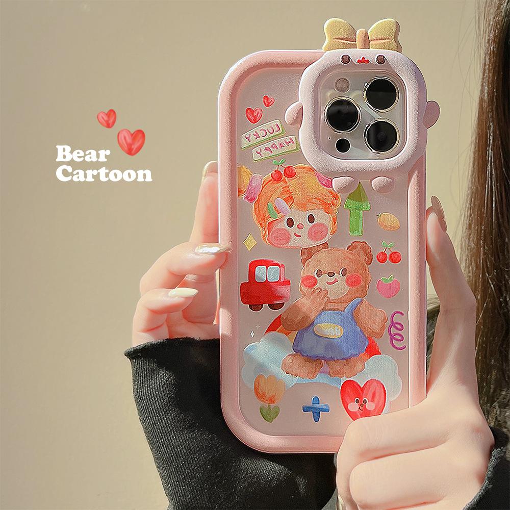 Custodia Morbida in Silicone con Orso Cartone Animato Ragazza Felice Graffiti Amore Auto Per Iphone 14 Pro Max Plus 13 11 12 Promax 3d Carina Capa Posteriore