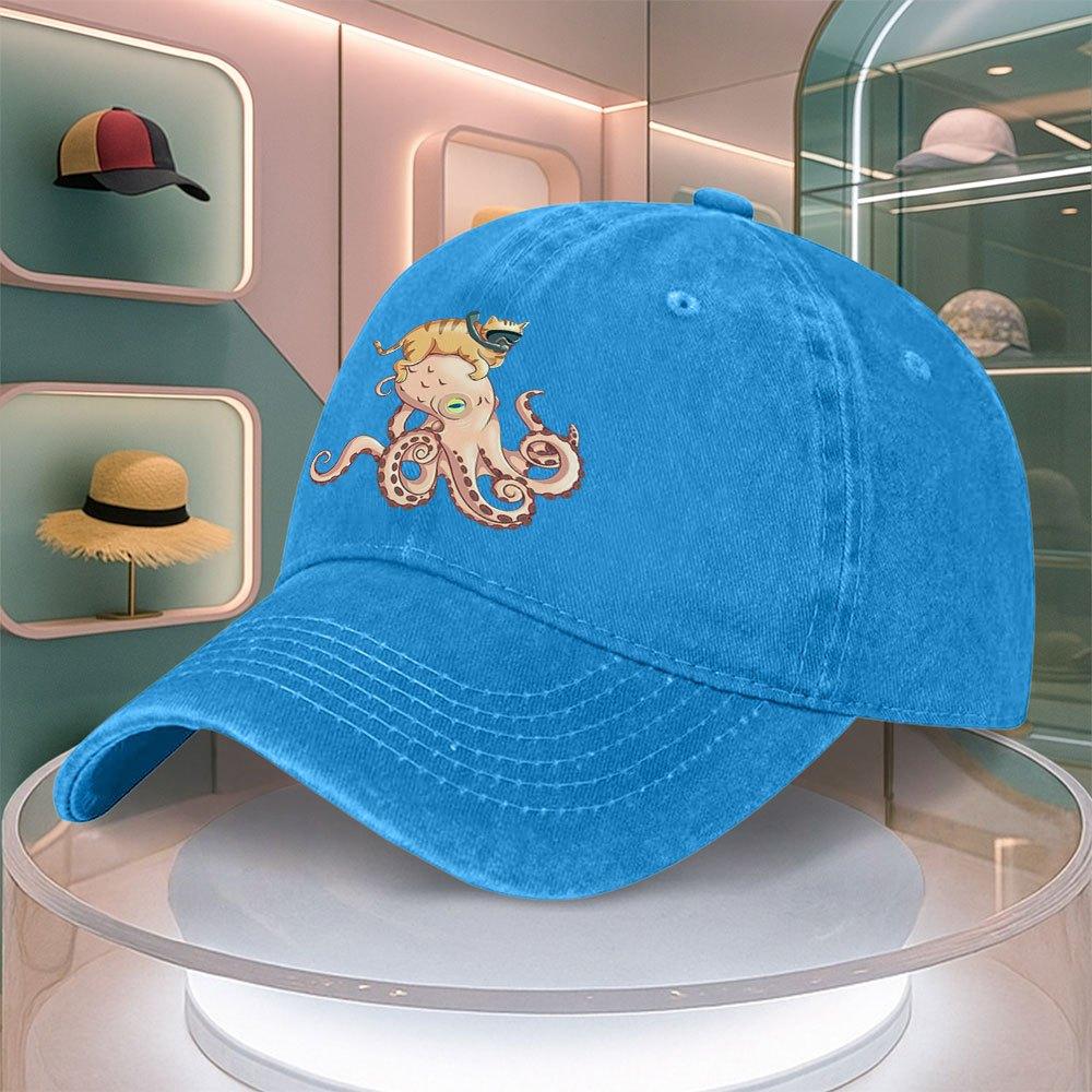 Diving Cat Octopus Print Baseball Cap For Men Women Vintage Curved Brim Duckbill Hat Adjustable Multiple Colors