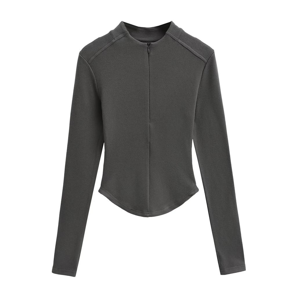 Spring 2025 Women's Small Waist Slimming Curved Velvet Half-Zip Long Sleeve T-shirt