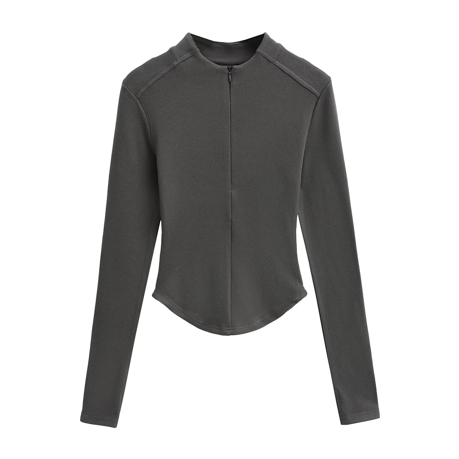 

Весна 2025 Женская приталенная футболка с длинным рукавом из изогнутого бархата на молнии до половины Large