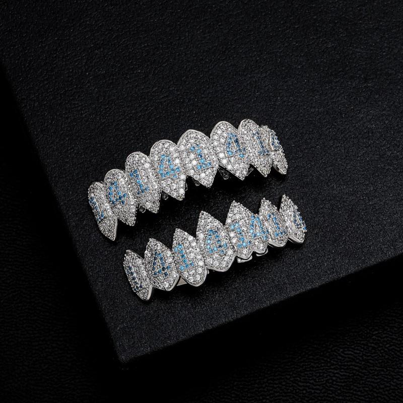 Plated Vampire Fang Denture Set With Micro Inlaid Blue Zirconia Teeth Halloween Costume Party