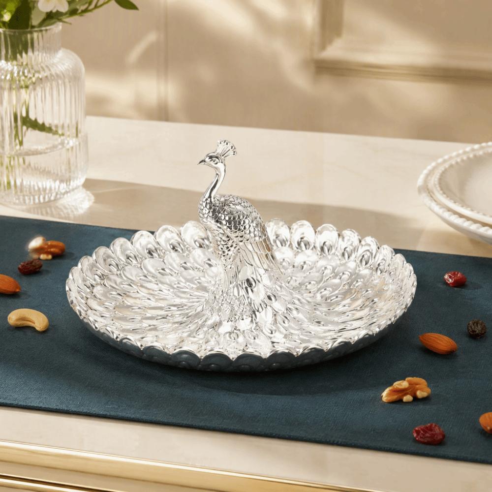 Golden Blue Color Serving Tray Metal Material Snack Serving Plate Buffet Bar Table Decor