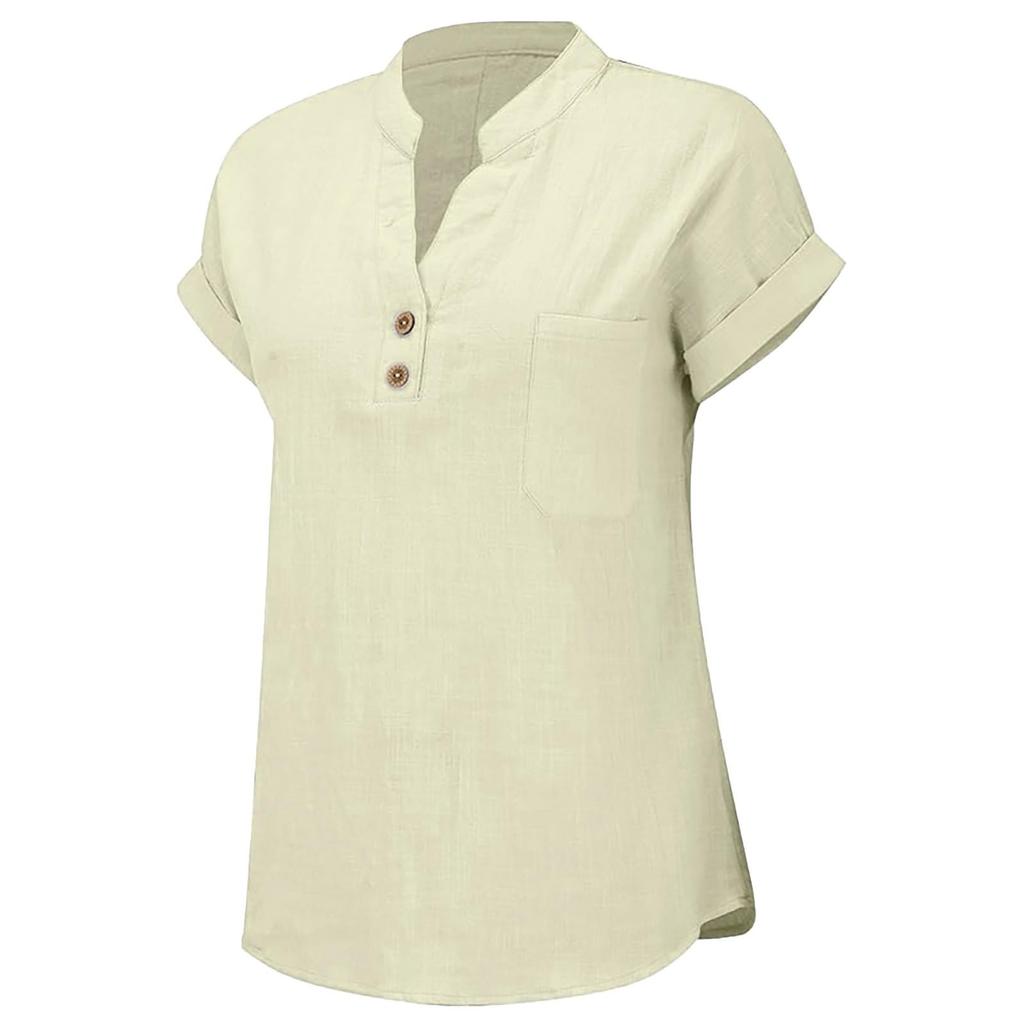 Women's Fashion Solid Color V Neck Button Pocket Short Sleeved Shirt Cotton Casual  T-shirt Top