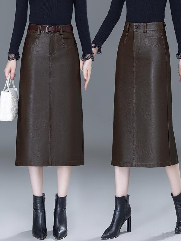 2025 Autumn/Winter Women's High-Waist A-Line Leather Skirt - Genuine Sheepskin Bodycon