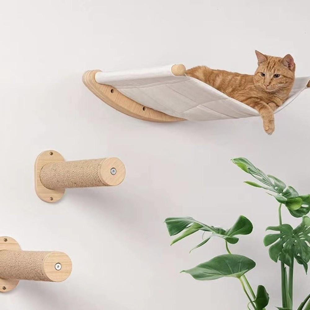 Wooden Cat Climbing Shelf Space Saving Wear Resistant Wall Mounted Cat Hammock with Cushion Cat Jumping Platform Sleeping